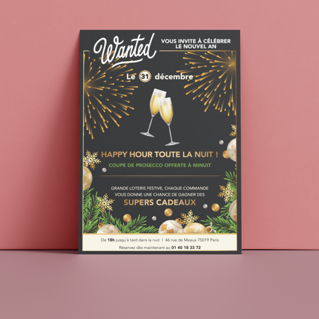 Affiche pour une soirée spéciale Nouvel An du restaurant Wanted conçue par l'agence de communication Okami. L'affiche a un design rappelant les fêtes de fin d'année avec un fond noir et des illustrations et écritures en doré et vert.