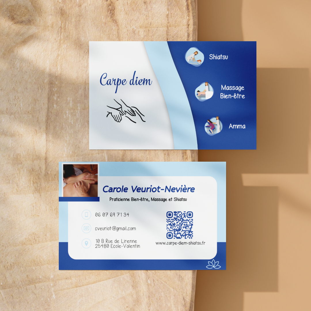 Cartes de visite réalisées par l'agence de communication Okami pour l'institut de massage Carpe Diem
