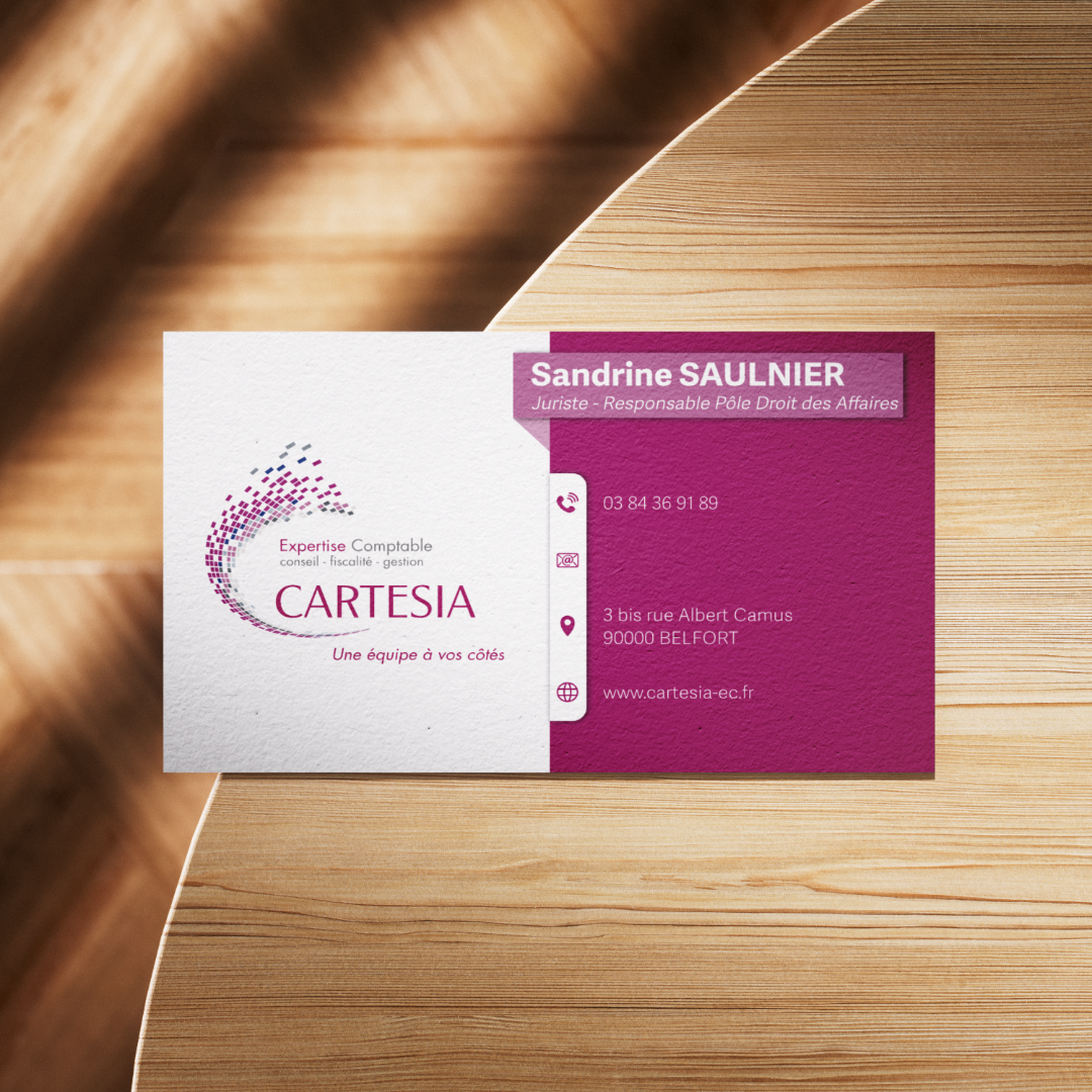 Cartes de visite réalisées par l'agence de communication Okami pour le cabinet d'expertise comptable Cartesia