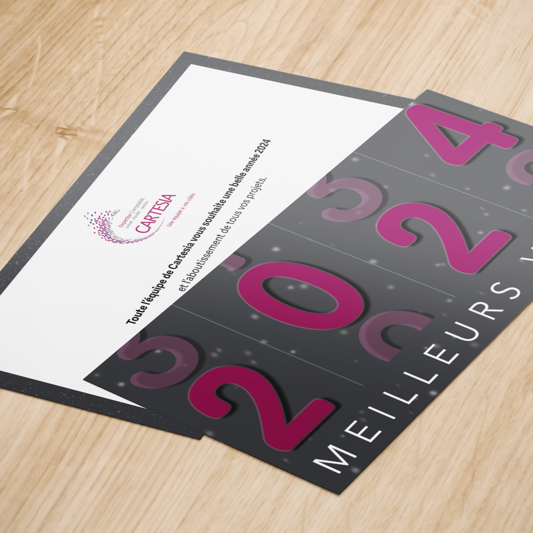 Cartes de vœux 2024 réalisées par l'agence de communication Okami pour le cabinet d'expertise comptable Cartesia