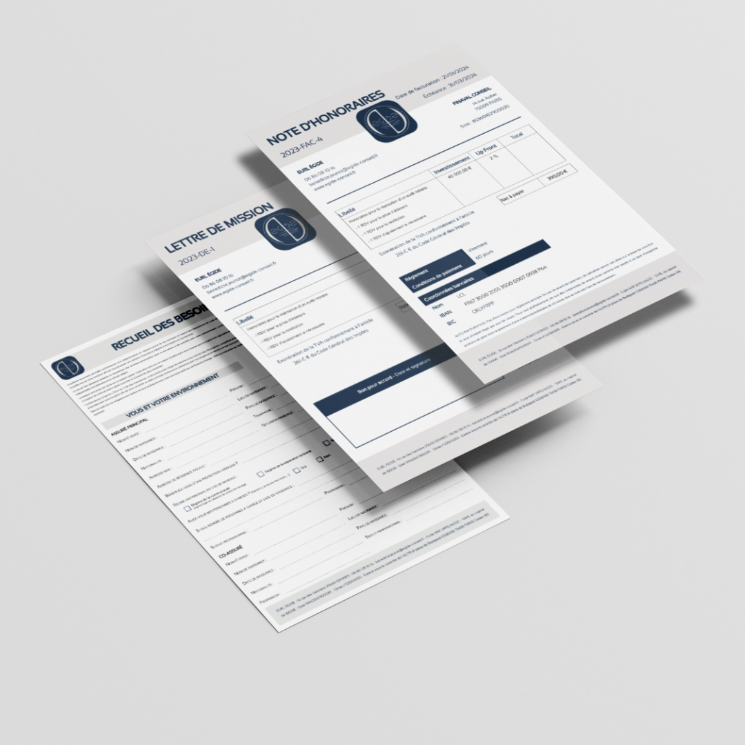 Documents remis en page par l'agence de communication Okami pour le cabinet Egide