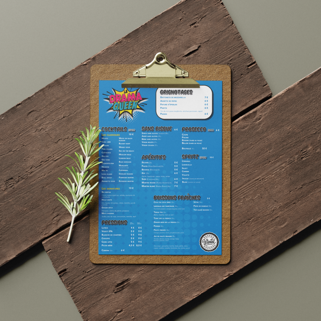 Menu pour une soirée spéciale conçu par l'agence de communication Okami pour le restaurant Wanted à Paris, avec un style pop art rappelant le thème de l'événement, les Drags Queen.