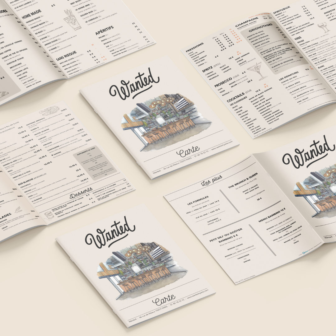 Menu sous forme de livret A5 conçu par l'agence de communication Okami pour le restaurant parisien Wanted, avec un style sobre sur fond beige et illustrations en dessin.