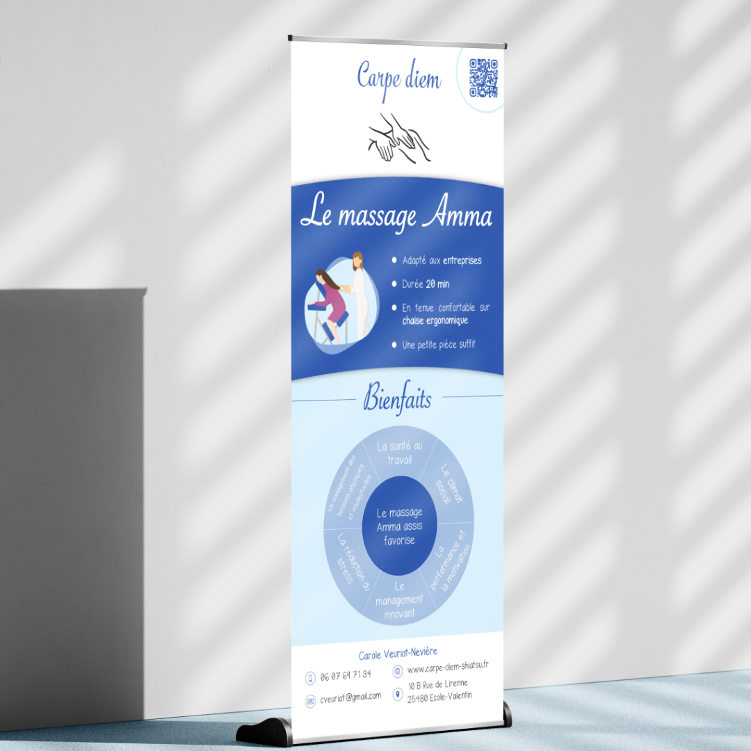 Roll-Up réalisé par l'agence de communication Okami pour l'institut de massage Carpe Diem, avec un design dans des tons bleus et des formes arrondies symbolisant la douceur.