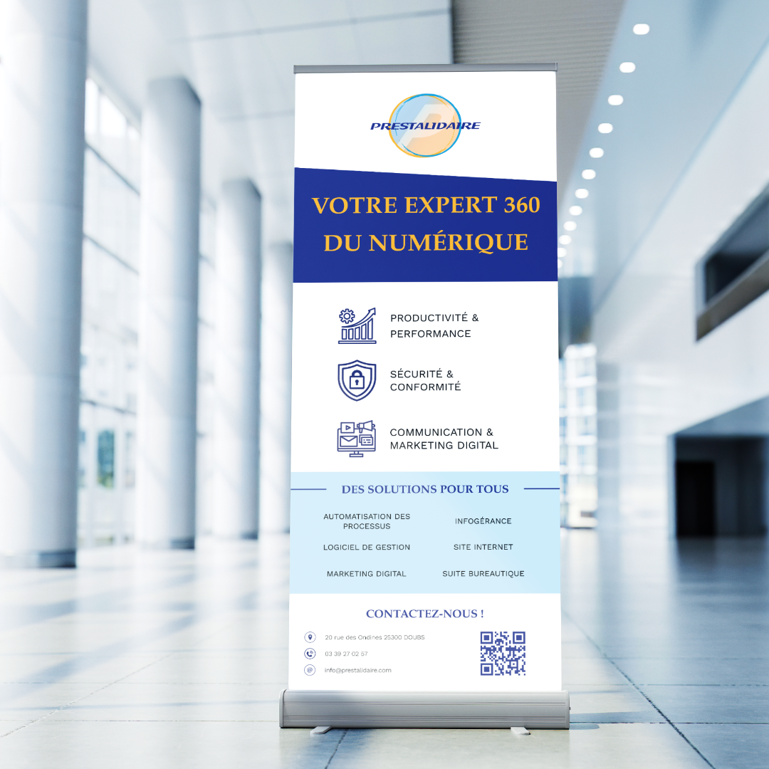 Roll-Up réalisé par l'agence de communication Okami pour la société Prestalidaire, avec un design moderne et professionnel.